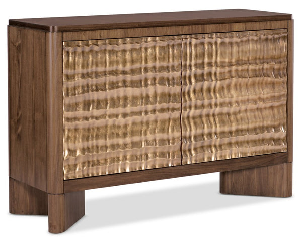 Hooker Furniture Eleana Sculptural Two-Door Chest In Light Caramel Walnut With Sunlit Bronze Doors, Soft-Close Storage 7252-85002-85