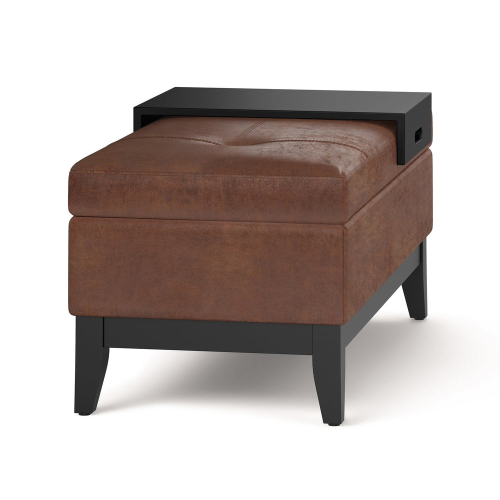 English Elm Oregon Storage Ottoman Bench with Tray and Lift-Top Storage, Satin Cream Faux Leather Accent Seat Dark Brown B136P159071