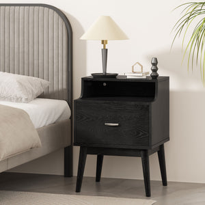 English Elm Christopher Knight Home® - DISA Mid-Century 1-Drawer Nightstand in Black Faux Wood with Splayed Legs, Silver Pull, Compact Storage 71156.00BLK