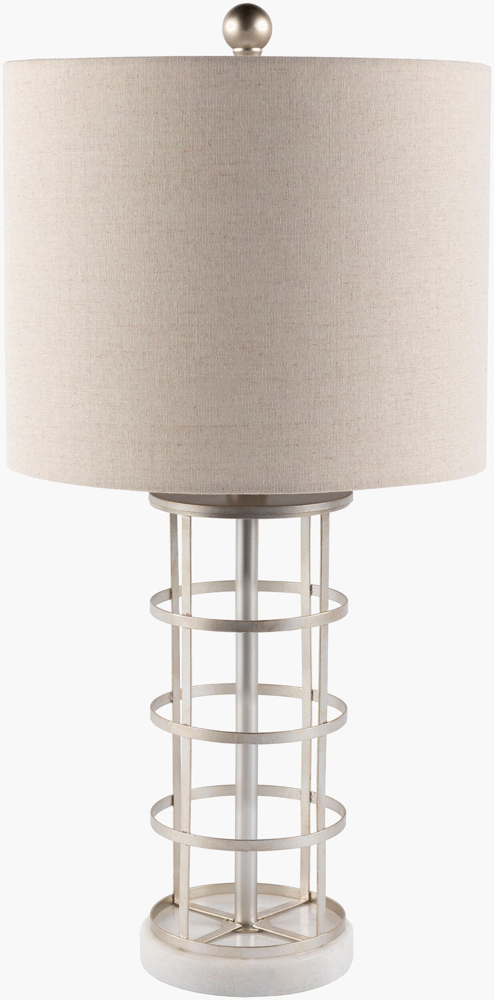 Surya Bennu 25"H Modern Accent Table Lamp - Handcrafted Design With Marble & Metal Finish For Home Decor Body, Metallic ,Silver,Base, White,Shade (Outside), Beige,Shade (Inside), White,Finial, Metallic ,Silver,Harp, Metallic ,Nickel,Cord, Translucent Iron,Marble,Linen,Polyester,Iron Bnu-001