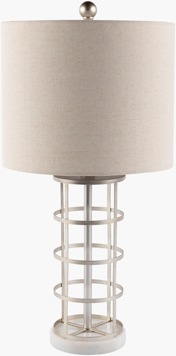 Surya Bennu 25"H Modern Accent Table Lamp - Handcrafted Design With Marble & Metal Finish For Home Decor Body, Metallic ,Silver,Base, White,Shade (Outside), Beige,Shade (Inside), White,Finial, Metallic ,Silver,Harp, Metallic ,Nickel,Cord, Translucent Iron,Marble,Linen,Polyester,Iron Bnu-001
