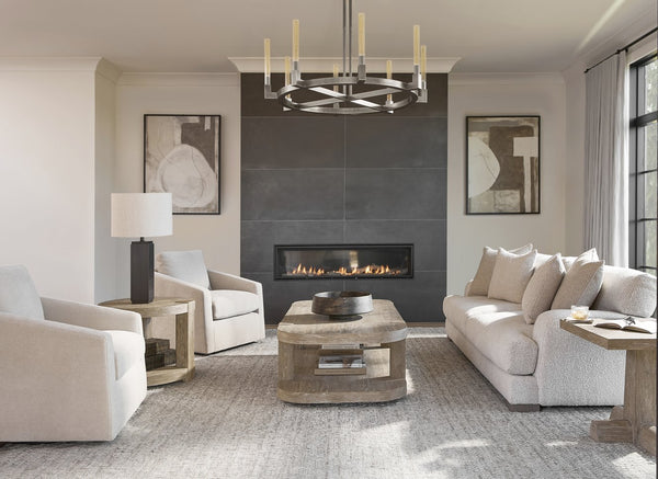 Bernhardt Bernhardt Tribeca Cocktail Table With Wire-Brushed Aurum Oak, Sculpted Legs, Lower Shelf & Casters 333024