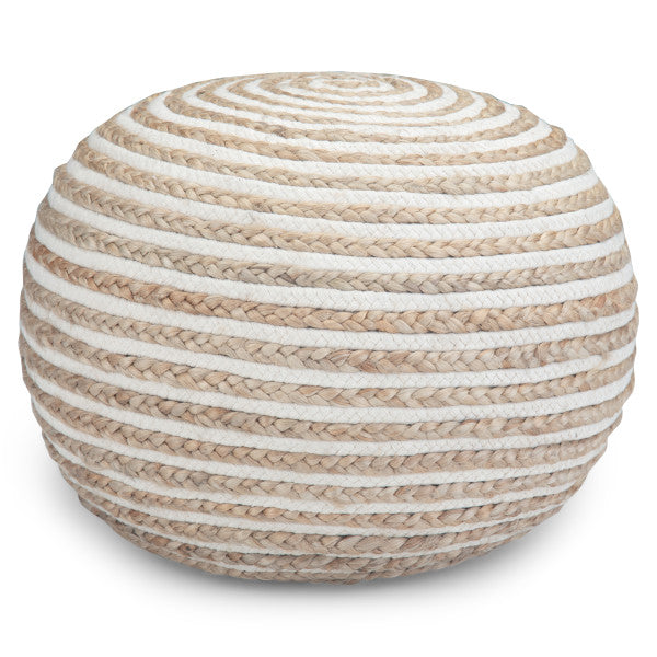 English Elm Yolanda Handcrafted Round Pouf in Natural Beige – Cotton & Jute Woven Accent Ottoman, 20" D x 14" H B136P159336