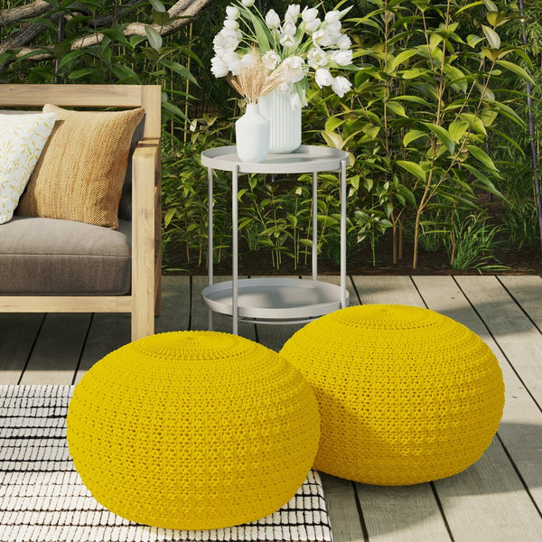English Elm Sonata Round Knitted Outdoor Indoor Pouf in Yellow – Handcrafted Recycled PET, Water & UV Resistant, Durable Accent Seat (20" x 20" x 14") B136P159016