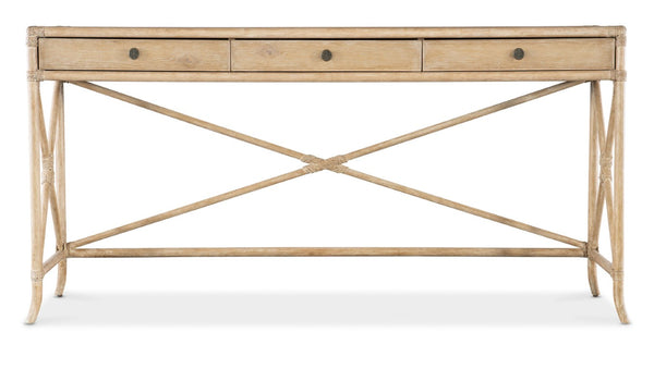 Hooker Furniture Retreat Coastal Rattan Console With Dune Finish, Rope Trim, X-Stretchers & 3 Soft-Close Drawers Light Wood 6950-80171-80