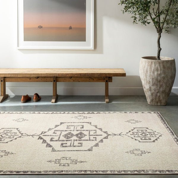 Livabliss Solana Global Inspired Polyester Area Rug for Entryways Bathrooms and Bedside Accents Ivory, Black 3'11" x 5'7" BOOC2303-31157