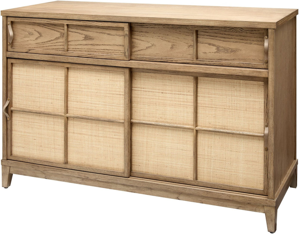 Surya Morro Oak Veneer Grasscloth Cabinet with Leather Accents for Living or Dining Rooms BORO001-325020