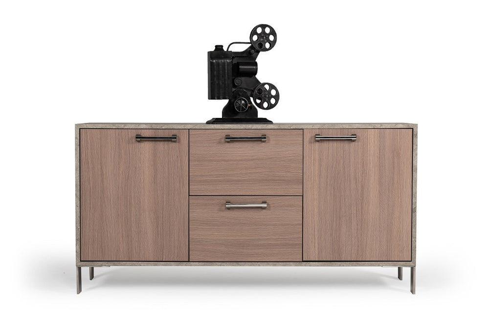 VIG Furniture Boston Modern Brown Oak File Cabinet With Faux Concrete Top, Soft-Close Doors, Brushed Steel Legs VGANBOSTON-FC