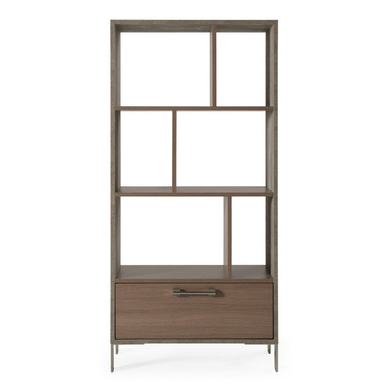 VIG Furniture Boston Vertical Modern Bookcase With Brown Oak Shelves, Faux Concrete Frame & Stainless Accents - Tall Space-Saving Storage, Soft-Close Drawer VGANBOSTON-BC