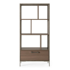 VIG Furniture Boston Vertical Modern Bookcase With Brown Oak Shelves, Faux Concrete Frame & Stainless Accents - Tall Space-Saving Storage, Soft-Close Drawer VGANBOSTON-BC