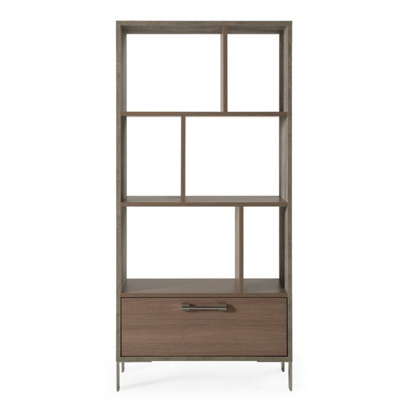 VIG Furniture Boston Vertical Modern Bookcase With Brown Oak Shelves, Faux Concrete Frame & Stainless Accents - Tall Space-Saving Storage, Soft-Close Drawer VGANBOSTON-BC