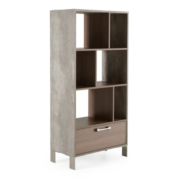 VIG Furniture Boston Vertical Modern Bookcase With Brown Oak Shelves, Faux Concrete Frame & Stainless Accents - Tall Space-Saving Storage, Soft-Close Drawer VGANBOSTON-BC
