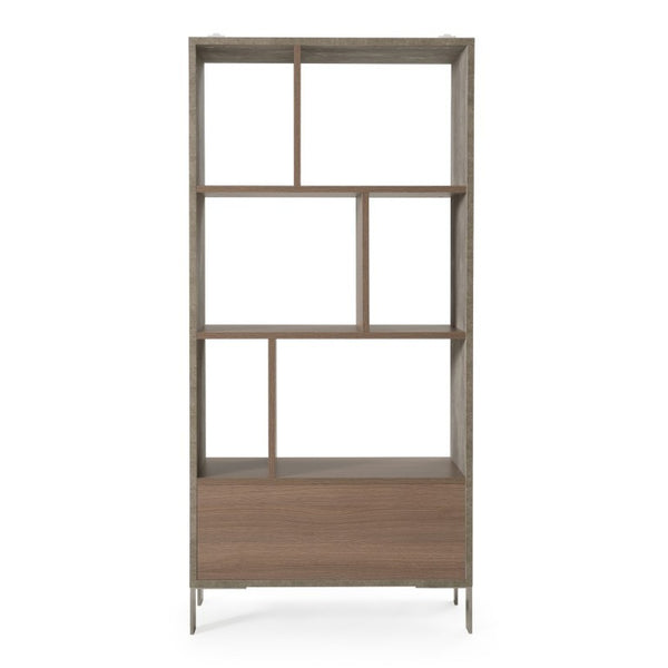 VIG Furniture Boston Vertical Modern Bookcase With Brown Oak Shelves, Faux Concrete Frame & Stainless Accents - Tall Space-Saving Storage, Soft-Close Drawer VGANBOSTON-BC