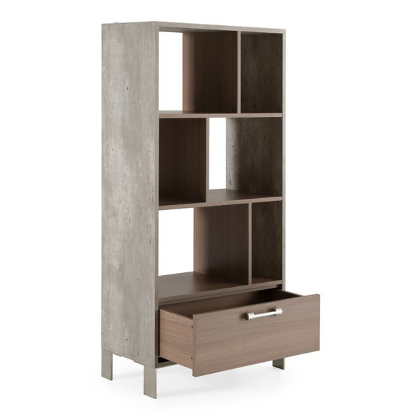 VIG Furniture Boston Vertical Modern Bookcase With Brown Oak Shelves, Faux Concrete Frame & Stainless Accents - Tall Space-Saving Storage, Soft-Close Drawer VGANBOSTON-BC