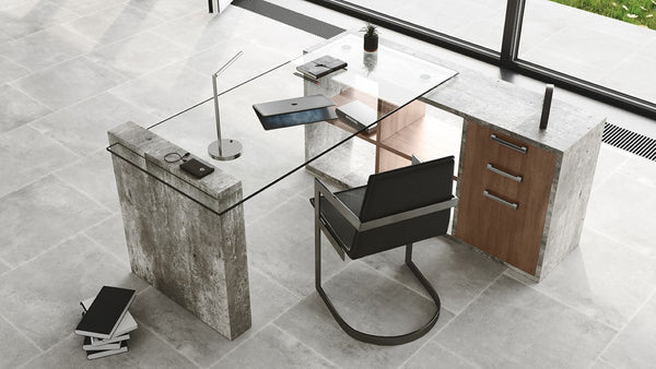 VIG Furniture Boston Modern Glass Faux Concrete Reversible L-Shaped Desk With Walnut Shelves, Tempered Glass Top, Storage (98) VGANBOSTON
