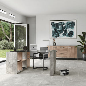 VIG Furniture Boston Modern Glass Faux Concrete Reversible L-Shaped Desk With Walnut Shelves, Tempered Glass Top, Storage (98) VGANBOSTON