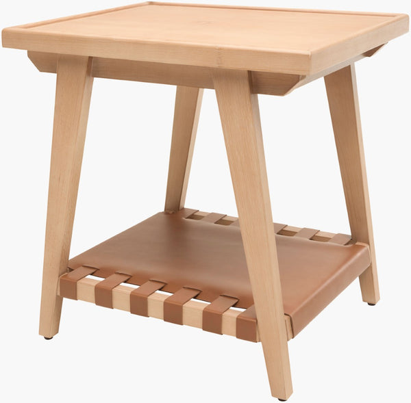 Surya Taft Solid Hemlock and Leather Wrapped End Table for Living Room Mid-century Modern BOTA001-242420