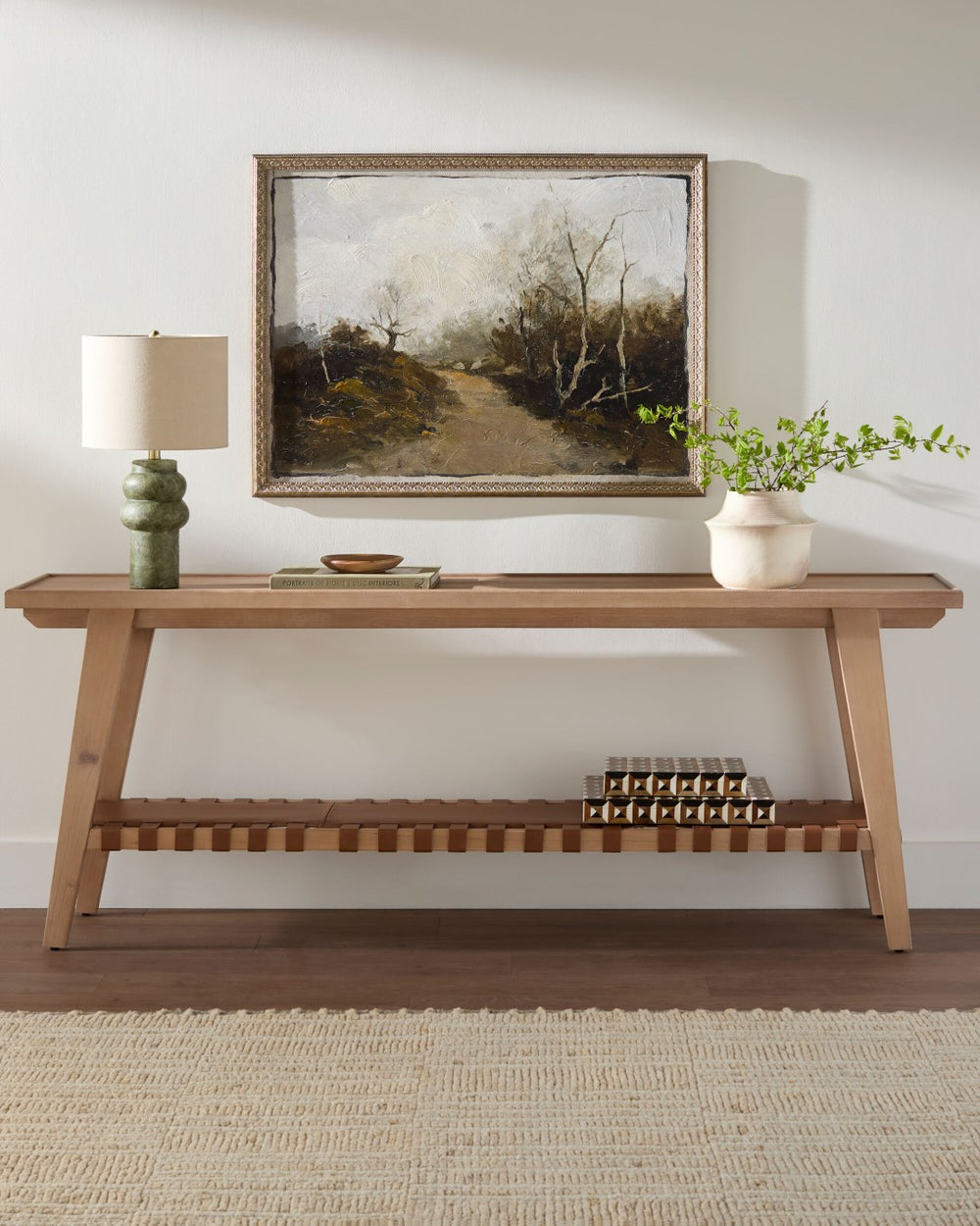 Surya Taft Leather Wrapped Hemlock Console Table Mid Century Modern Entryway Accent BOTA003-307815
