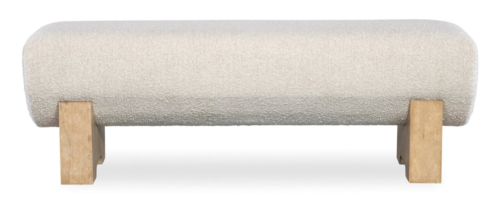 Hooker Furniture Retreat Semi-Circle Bed Bench In Neo Cream Performance Fabric With Dune Wood Finish And Block Legs 18.50 L x 56.75W x 20.00H 6950-90019-80