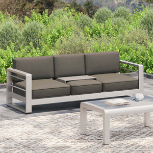 English Elm Christopher Knight Home® - CAPE modern 3-seater outdoor sofa with aluminum frame, convertible tray table, water-resistant cushions Gray 58981.00CUS