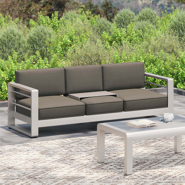 English Elm Christopher Knight Home® - CAPE modern 3-seater outdoor sofa with aluminum frame, convertible tray table, water-resistant cushions Gray 58981.00CUS