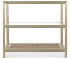 Hooker Furniture Melange Stainless Steel End Table With Tempered Glass, Cane Shelf & Mid‑Century Texture, 30"L X 20"W 628-80561-15