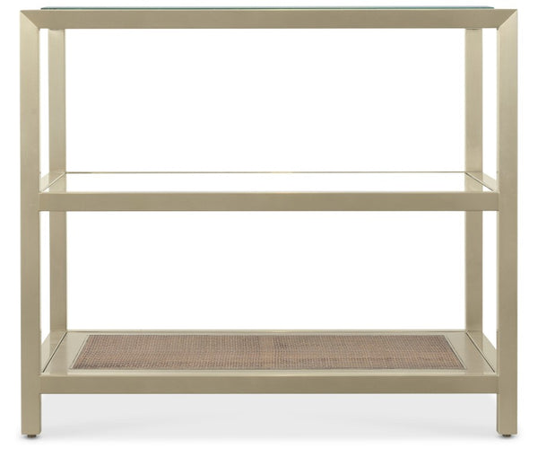 Hooker Furniture Melange Stainless Steel End Table With Tempered Glass, Cane Shelf & Mid‑Century Texture, 30"L X 20"W 628-80561-15