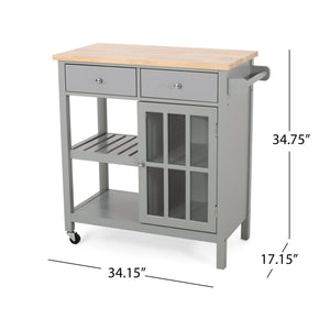 English Elm Christopher Knight Home® - Kitchen Island Cart with Rubberwood Top, Grey Mobile Kitchen Cart on Wheels with Cabinet, Hooks and Drawers 67755.00NATGRY