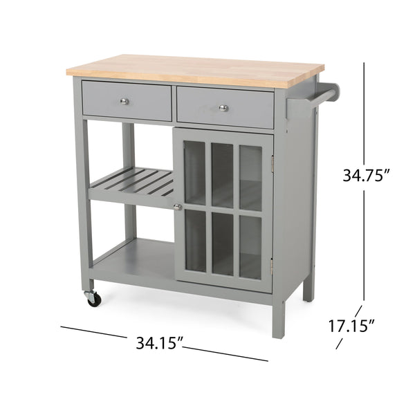 English Elm Christopher Knight Home® - Kitchen Island Cart with Rubberwood Top, Grey Mobile Kitchen Cart on Wheels with Cabinet, Hooks and Drawers 67755.00NATGRY