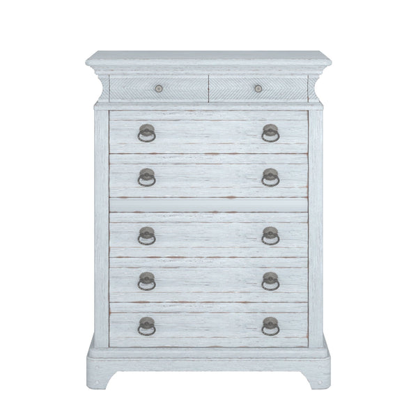 A.R.T. Furniture Summer Elegance Drawer Chest - Shutter Blue Flakey Oak, 8 Drawers With Secret Compartment & Chevron Design Blue Flakey Cathedral Oak Veneer,Parawood Solids 251150-1361
