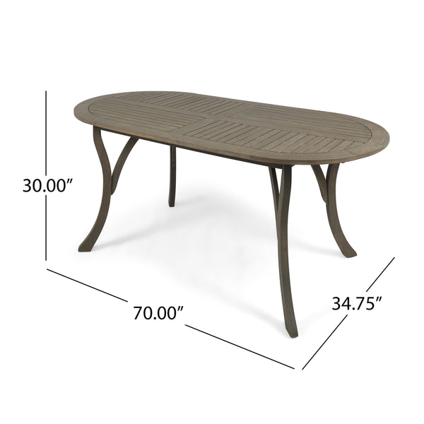 English Elm Acacia Wood Oval Outdoor Dining Table Weathered Gray Slatted Top Seats Six 62917.00GRY