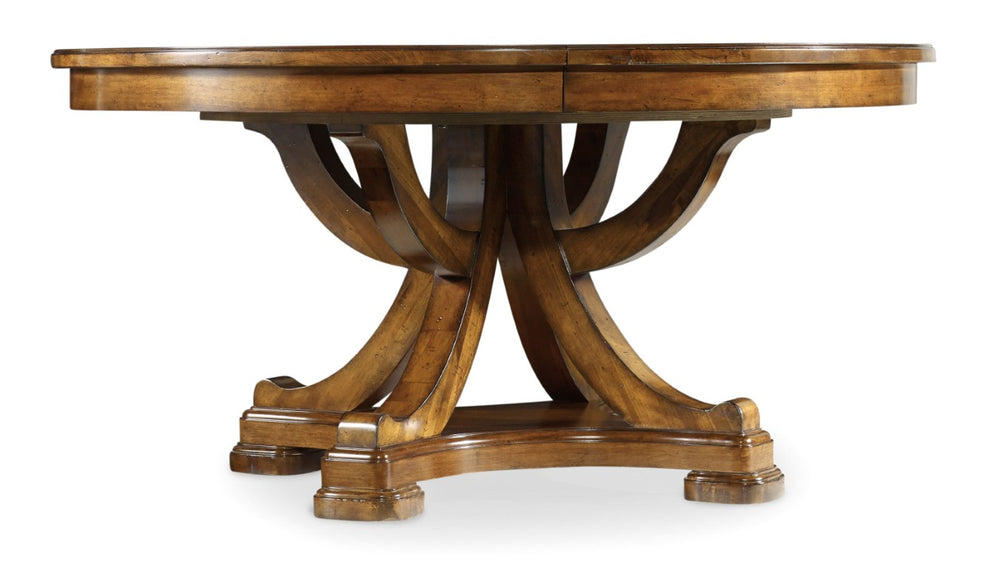 Hooker Furniture Tynecastle Round Pedestal Dining Table — Rustic Chestnut 60" To 78" With 18" Leaf, Barn-Rafter Base 5323-75206