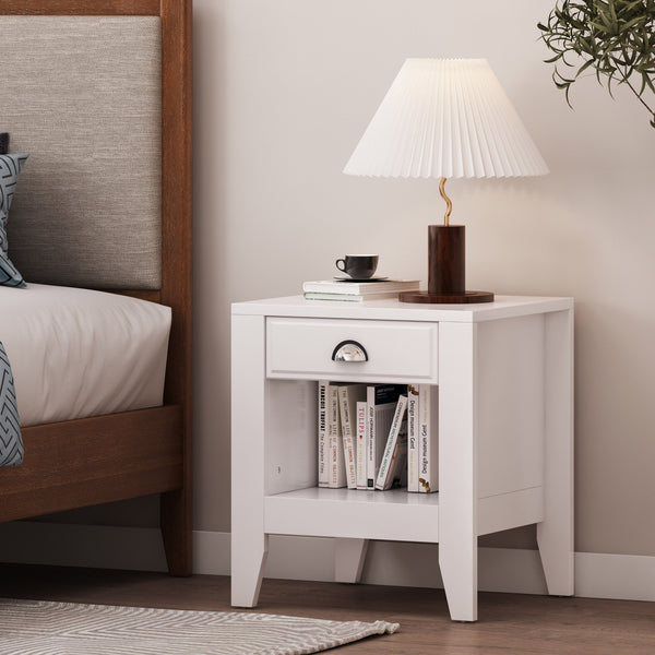 English Elm Christopher Knight Home® - Modern Nightstand with Drawer and Open Cubby, Faux Wood Mid Century Bedside Table, 2-Tier Storage Nightstand for Bedrooms, 21"W x 24.4"H White 70949.00WHI