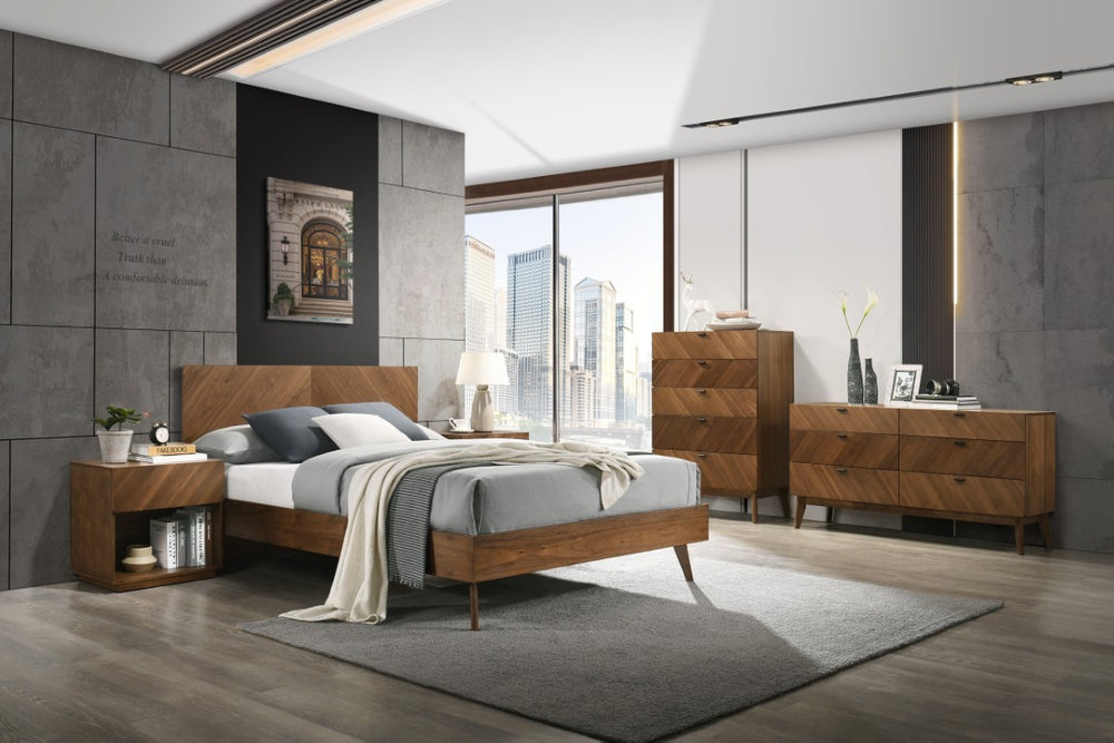 VIG Furniture Kamela Walnut Queen Bed With Mid-Century Slanted Legs, Supportive Headboard, No Box Spring Needed VGMA-BR-128-BED-Q