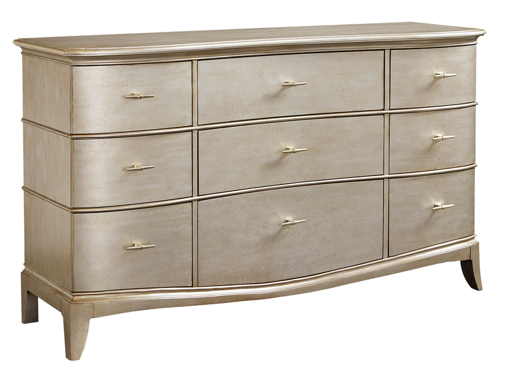 A.R.T. Furniture Starlite Dresser - Glamorous Nine-drawer Storage With Peri Finish & Champagne Hardware Elegance Silver, Silver Parawood Solids,Primavera Veneer,Metal 406130-2227