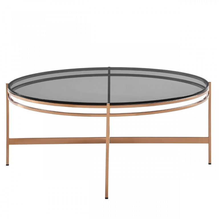 VIG Furniture Bradford Round Smoked Glass Coffee Table With Rose Gold Metal Base — Glam Contemporary Centerpiece VGEWCT1011-3AA-CT