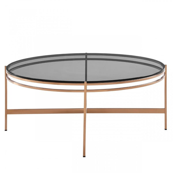 VIG Furniture Bradford Round Smoked Glass Coffee Table With Rose Gold Metal Base — Glam Contemporary Centerpiece VGEWCT1011-3AA-CT