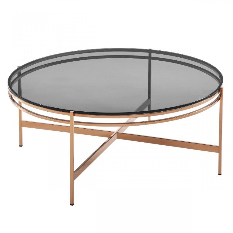 VIG Furniture Bradford Round Smoked Glass Coffee Table With Rose Gold Metal Base — Glam Contemporary Centerpiece VGEWCT1011-3AA-CT