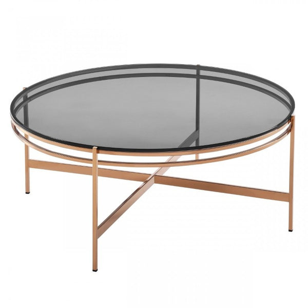 VIG Furniture Bradford Round Smoked Glass Coffee Table With Rose Gold Metal Base — Glam Contemporary Centerpiece VGEWCT1011-3AA-CT