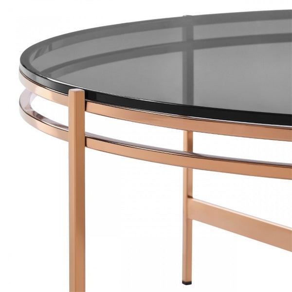 VIG Furniture Bradford Round Smoked Glass Coffee Table With Rose Gold Metal Base — Glam Contemporary Centerpiece VGEWCT1011-3AA-CT