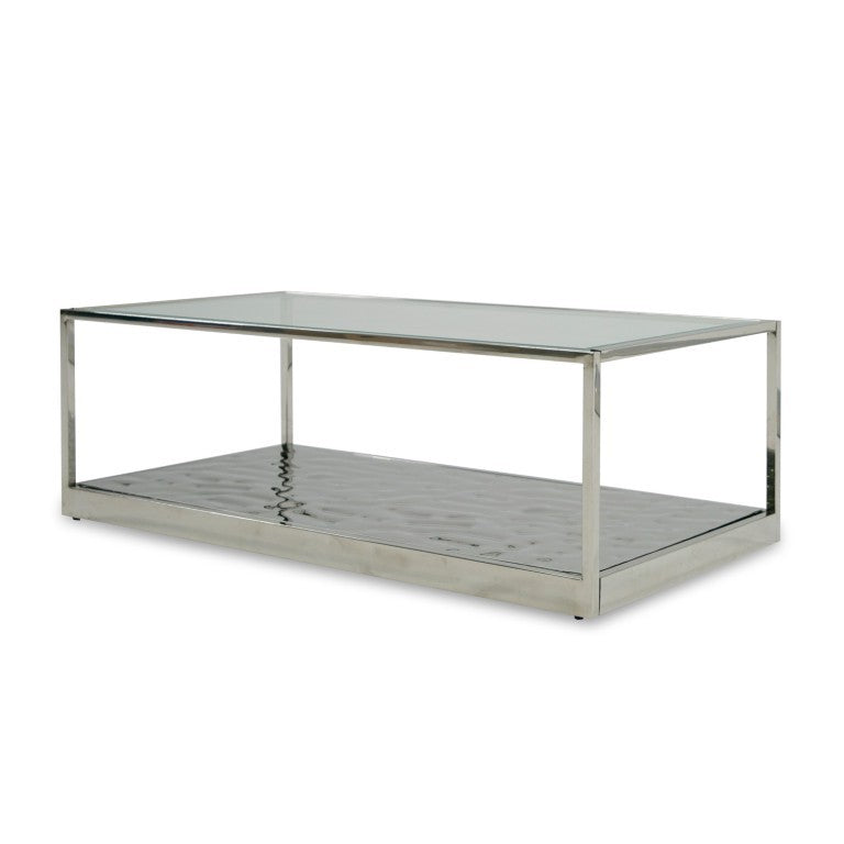 VIG Furniture Braxton Clear Tempered Glass Coffee Table With Sculptural Wavy Stainless Steel Shelf, Modern Design VGGMCT-1676-CT