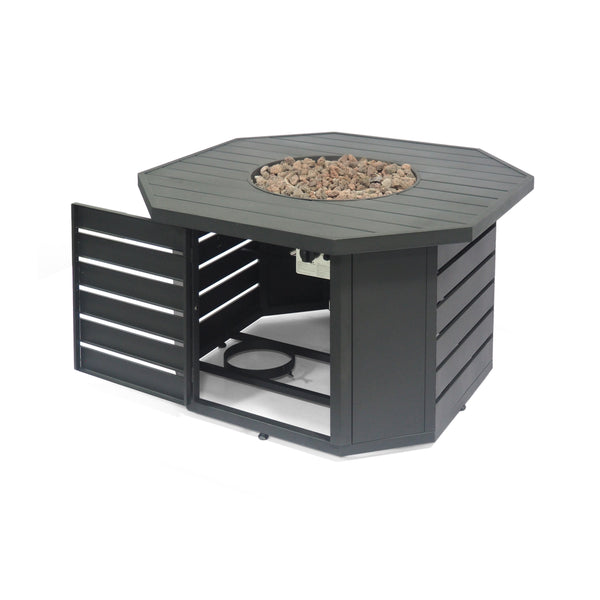 English Elm Octagon Iron Propane Fire Pit with Open Slat Design for Patio Gatherings 66596.00BLK-50K