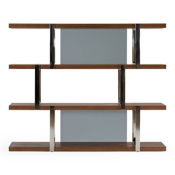 VIG Furniture Brewer Modern Walnut Veneer Bookshelf With Stainless Steel Frame, Tempered Glass Back Panels, 4-Tier Display (70.75" W) VGBBMQ2001SF-SHELF