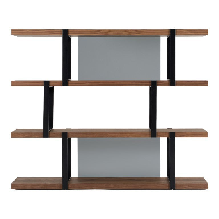 VIG Furniture Brewer Walnut & Black Bookshelf — Mid-Century Modern Industrial Shelving, Tempered Glass Back Panels, 4 Shelves VGBBMQ2001SF-BLK