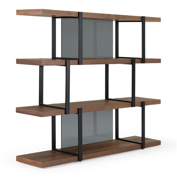 VIG Furniture Brewer Walnut & Black Bookshelf — Mid-Century Modern Industrial Shelving, Tempered Glass Back Panels, 4 Shelves VGBBMQ2001SF-BLK