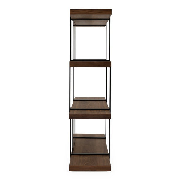 VIG Furniture Brewer Walnut & Black Bookshelf — Mid-Century Modern Industrial Shelving, Tempered Glass Back Panels, 4 Shelves VGBBMQ2001SF-BLK