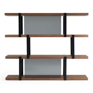 VIG Furniture Brewer Walnut & Black Bookshelf — Mid-Century Modern Industrial Shelving, Tempered Glass Back Panels, 4 Shelves VGBBMQ2001SF-BLK
