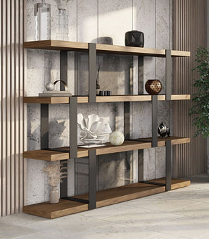 VIG Furniture Brewer Walnut & Black Bookshelf — Mid-Century Modern Industrial Shelving, Tempered Glass Back Panels, 4 Shelves VGBBMQ2001SF-BLK