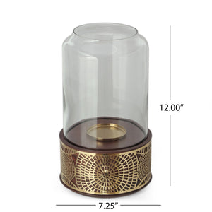 English Elm Christopher Knight Home® - CIRCLE Mango Wood Hurricane Candle Holder with Ornate Gold Accents, Handcrafted Boho Tempered Glass 72064.00