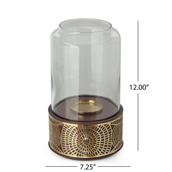 English Elm Christopher Knight Home® - CIRCLE Mango Wood Hurricane Candle Holder with Ornate Gold Accents, Handcrafted Boho Tempered Glass 72064.00